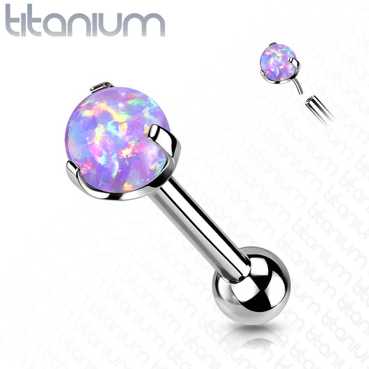 Implant Grade Titanium Threadless Push In Cartilage Barbell With Prong Set Opal Top Cartilage Impulse Piercings