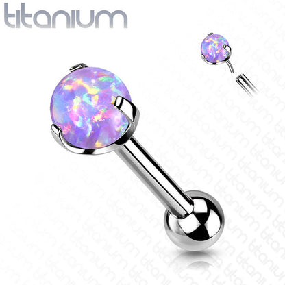 Implant Grade Titanium Threadless Push In Cartilage Barbell With Prong Set Opal Top Cartilage Impulse Piercings