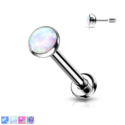 Implant Grade Titanium Threadless Push in Labret With Bezel Set Opal Ball Top Labret Impulse Piercings