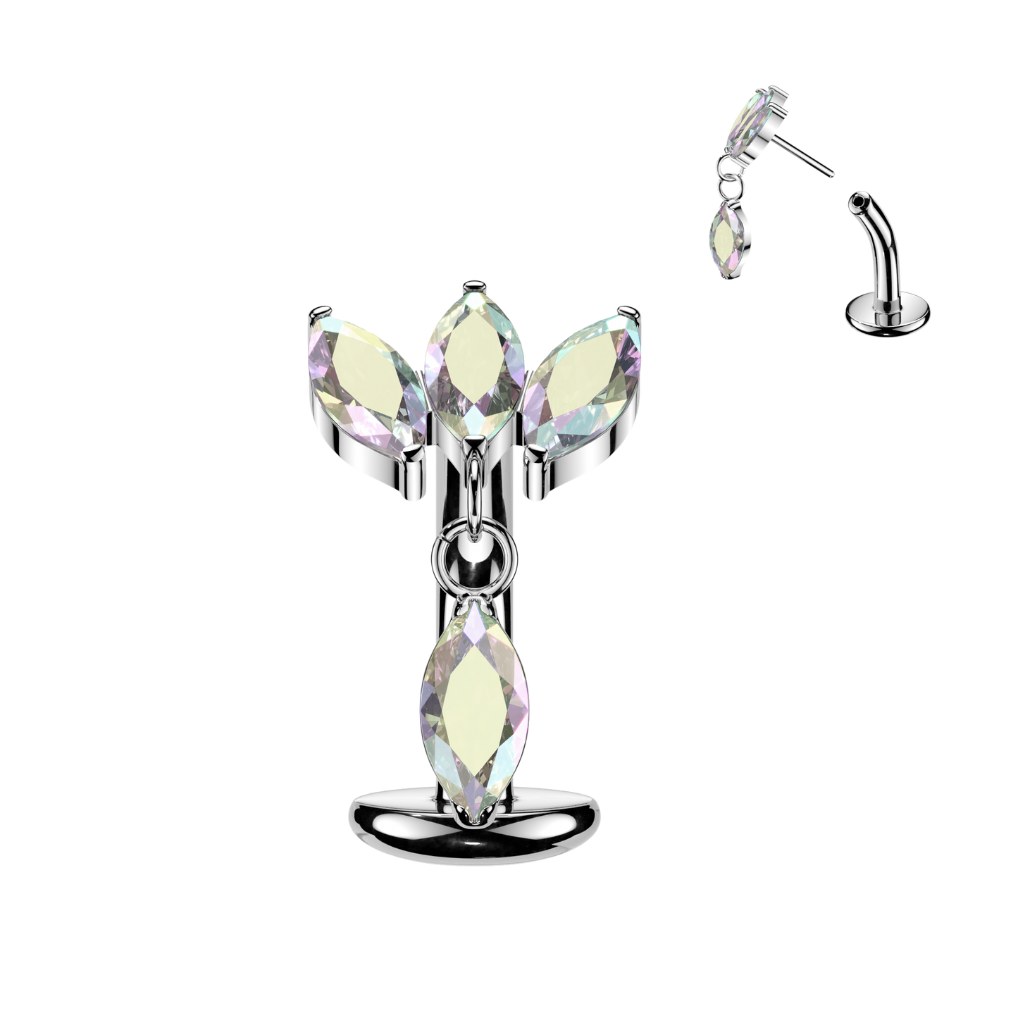 Implant Grade Titanium Threadless Belly Button Ring with Triple Marquise CZ Fan & Dangle