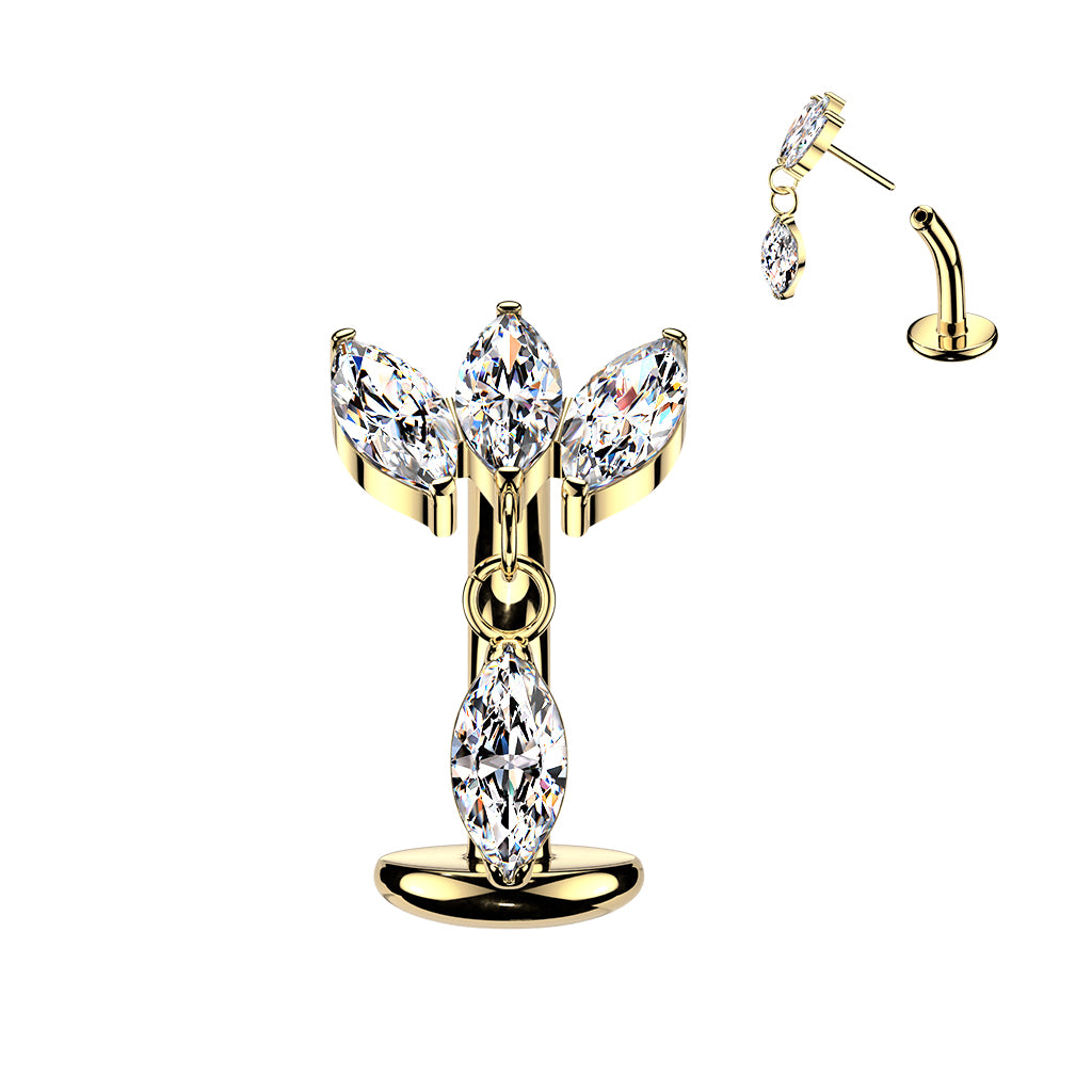 Implant Grade Titanium Threadless Belly Button Ring with Triple Marquise CZ Fan & Dangle