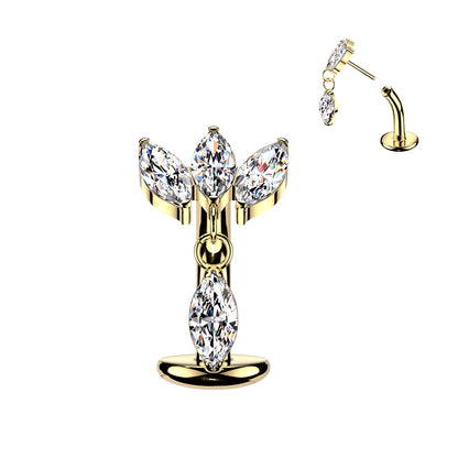 Implant Grade Titanium Threadless Belly Button Ring with Triple Marquise CZ Fan & Dangle