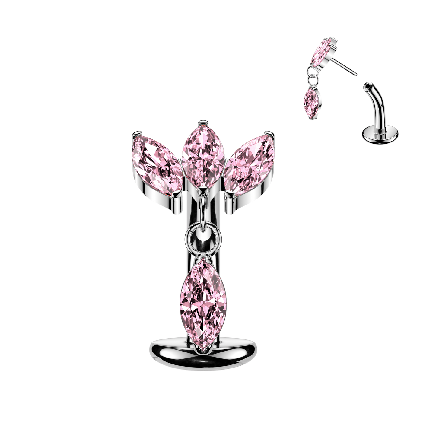 Implant Grade Titanium Threadless Belly Button Ring with Triple Marquise CZ Fan & Dangle