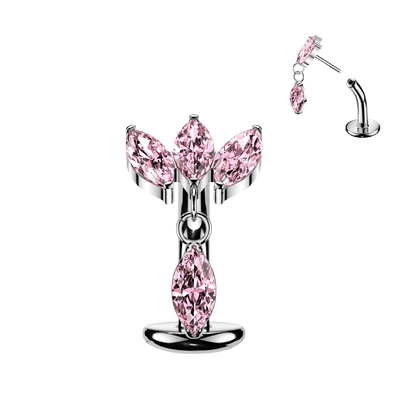 Implant Grade Titanium Threadless Belly Button Ring with Triple Marquise CZ Fan & Dangle