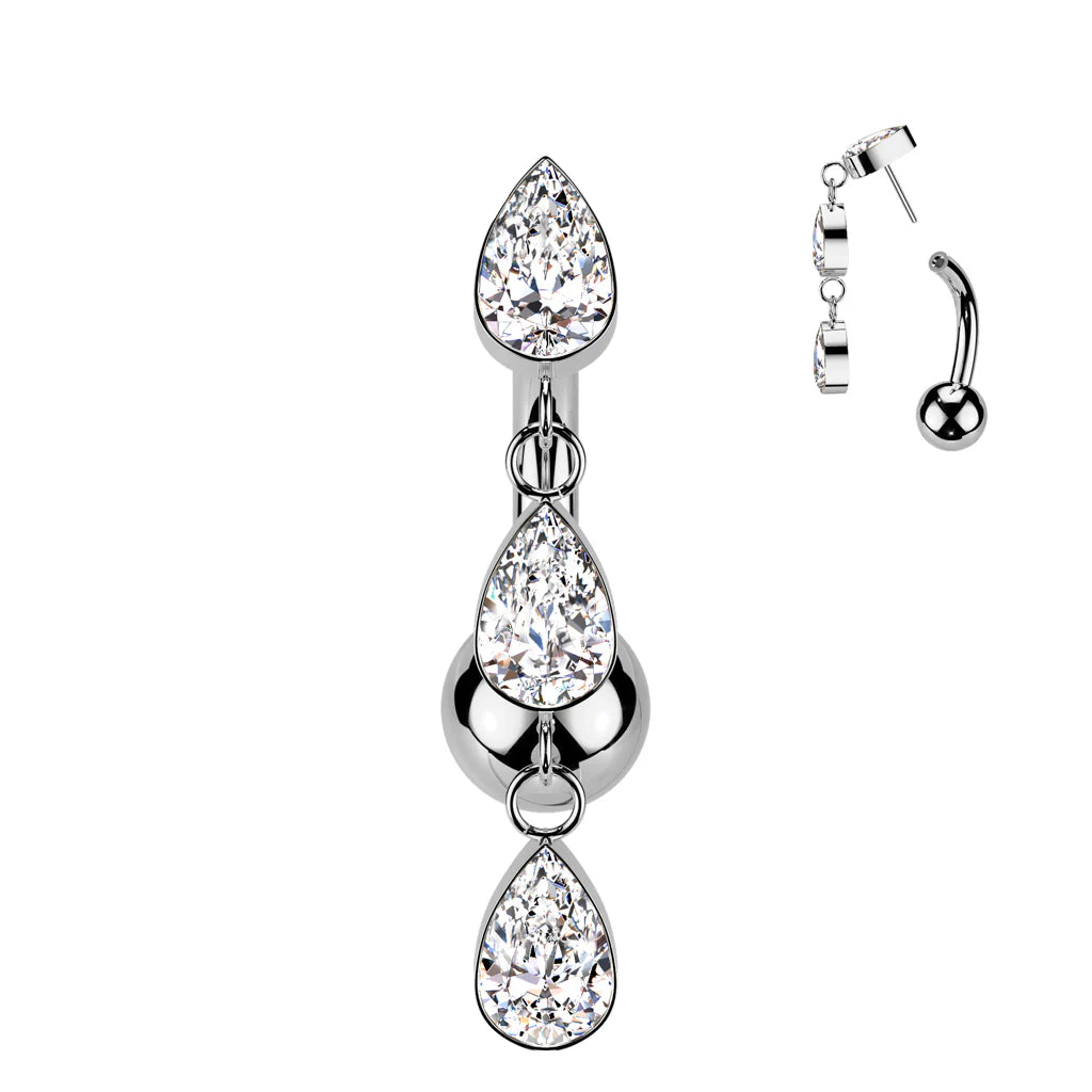 Implant Grade Titanium Threadless Push In Belly Button Ring With 3 Teardrop CZ Bezel Set Dangle Top Belly Button Ring Skin Metals