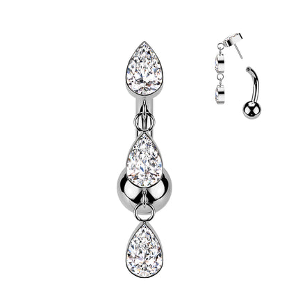 Implant Grade Titanium Threadless Push In Belly Button Ring With 3 Teardrop CZ Bezel Set Dangle Top Belly Button Ring Skin Metals