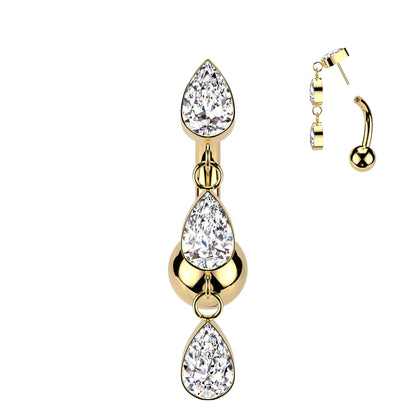 Implant Grade Titanium Threadless Push In Belly Button Ring With 3 Teardrop CZ Bezel Set Dangle Top Belly Button Ring Skin Metals