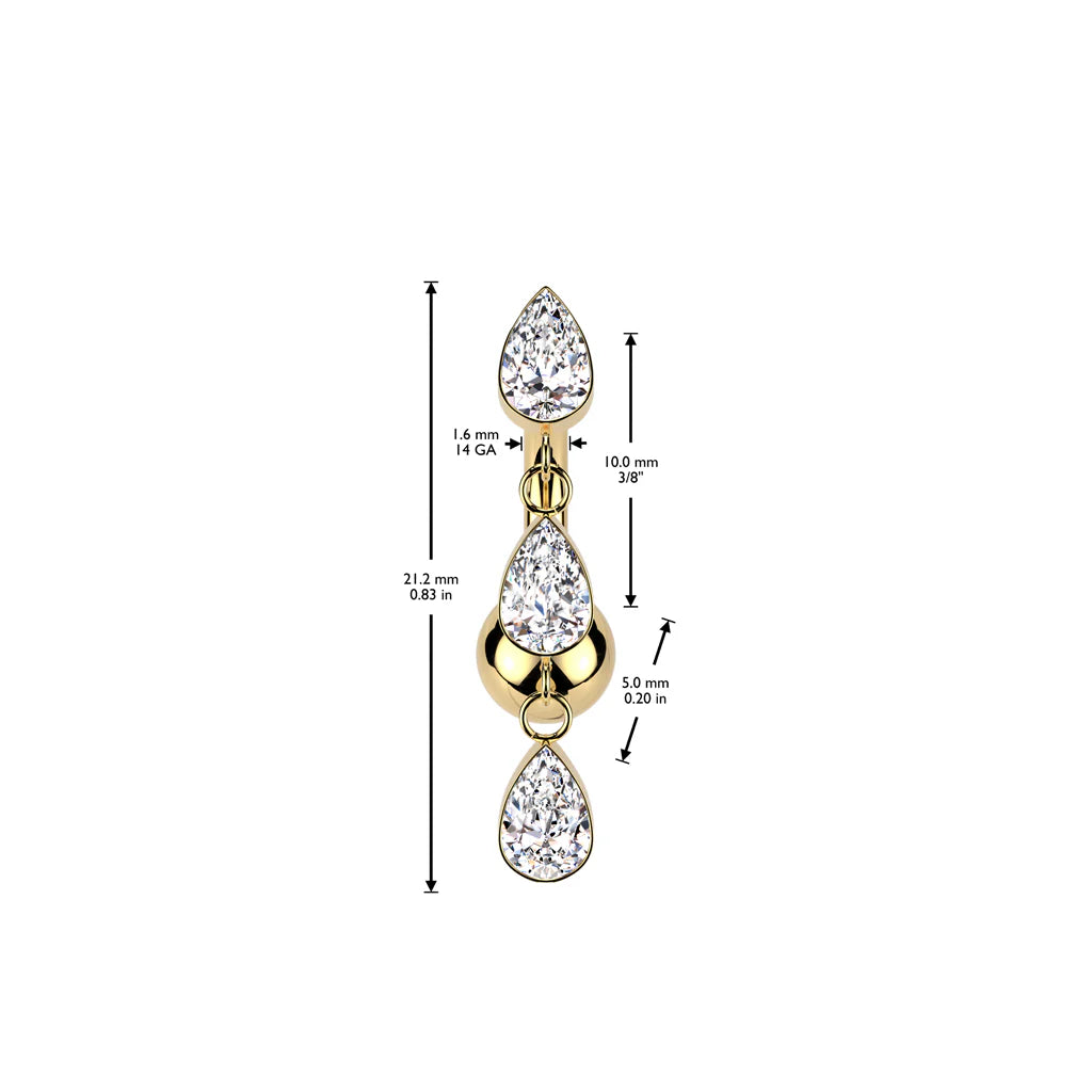 Implant Grade Titanium Threadless Push In Belly Button Ring With 3 Teardrop CZ Bezel Set Dangle Top Belly Button Ring Skin Metals