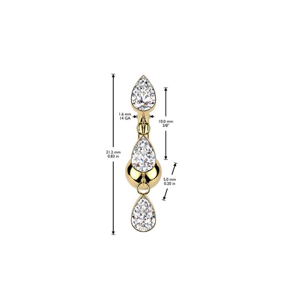 Implant Grade Titanium Threadless Push In Belly Button Ring With 3 Teardrop CZ Bezel Set Dangle Top Belly Button Ring Skin Metals