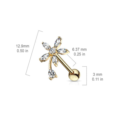 Surgical Steel Round and Marquise CZ Flower with Pear CZ Stem Top Cartilage Tragus Barbell Studs Cartilage Impulse Piercings