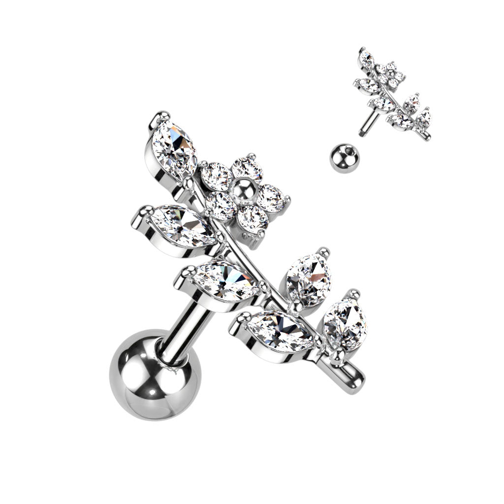 Surgical Steel CZ Flower and Vine Top Cartilage Barbells Cartilage Impulse Piercings Clear