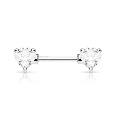 Double Front Facing Heart CZ Prong Set 316L Surgical Steel Nipple Bar Nipple Barbell Skin Metals