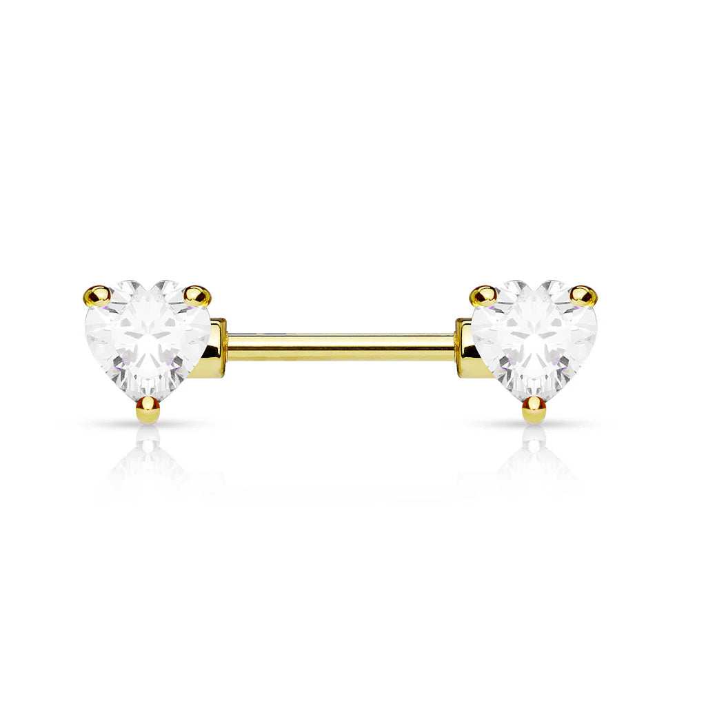 Double Front Facing Heart CZ Prong Set 316L Surgical Steel Nipple Bar Nipple Barbell Skin Metals