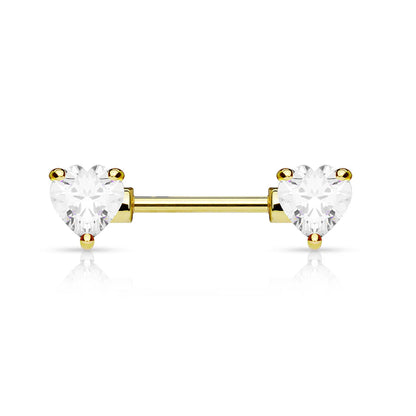 Double Front Facing Heart CZ Prong Set 316L Surgical Steel Nipple Bar Nipple Barbell Skin Metals