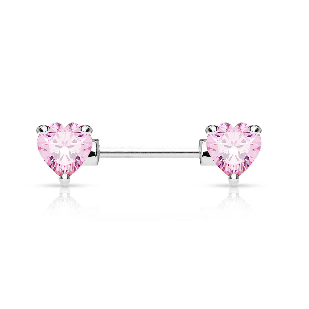 Double Front Facing Heart CZ Prong Set 316L Surgical Steel Nipple Bar Nipple Barbell Skin Metals