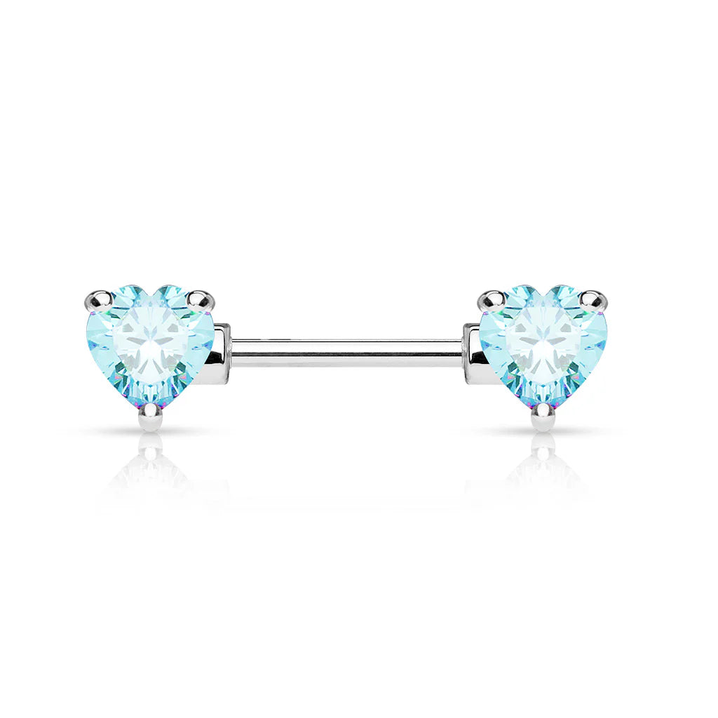 Double Front Facing Heart CZ Prong Set 316L Surgical Steel Nipple Bar Nipple Barbell Skin Metals