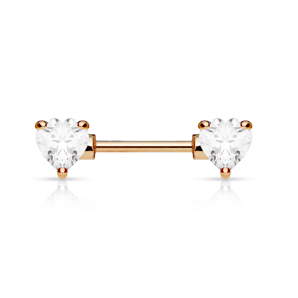 Double Front Facing Heart CZ Prong Set 316L Surgical Steel Nipple Bar Nipple Barbell Skin Metals