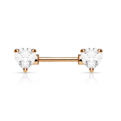 Double Front Facing Heart CZ Prong Set 316L Surgical Steel Nipple Bar Nipple Barbell Skin Metals