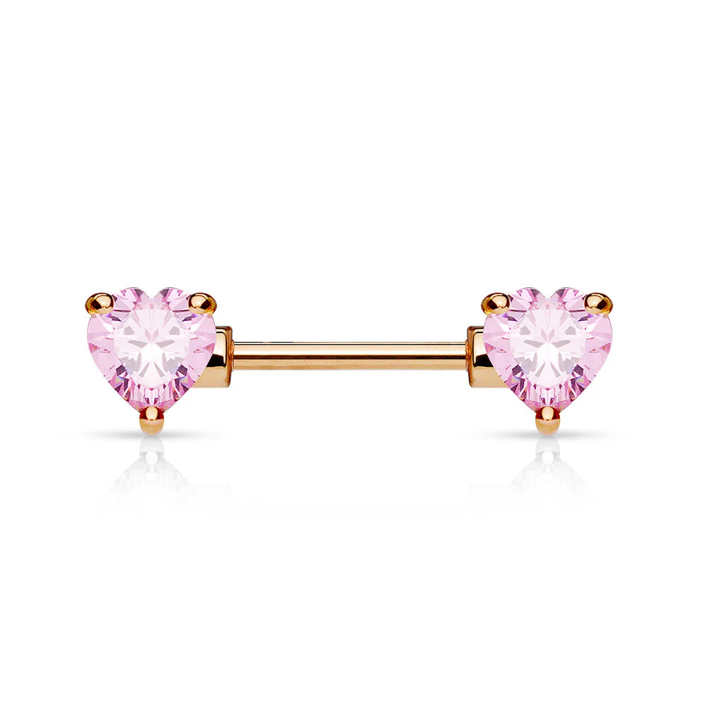 Double Front Facing Heart CZ Prong Set 316L Surgical Steel Nipple Bar Nipple Barbell Skin Metals