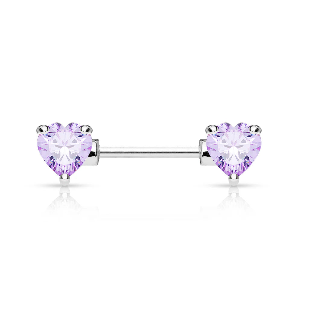 Double Front Facing Heart CZ Prong Set 316L Surgical Steel Nipple Bar Nipple Barbell Skin Metals