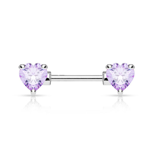 Double Front Facing Heart CZ Prong Set 316L Surgical Steel Nipple Bar Nipple Barbell Skin Metals