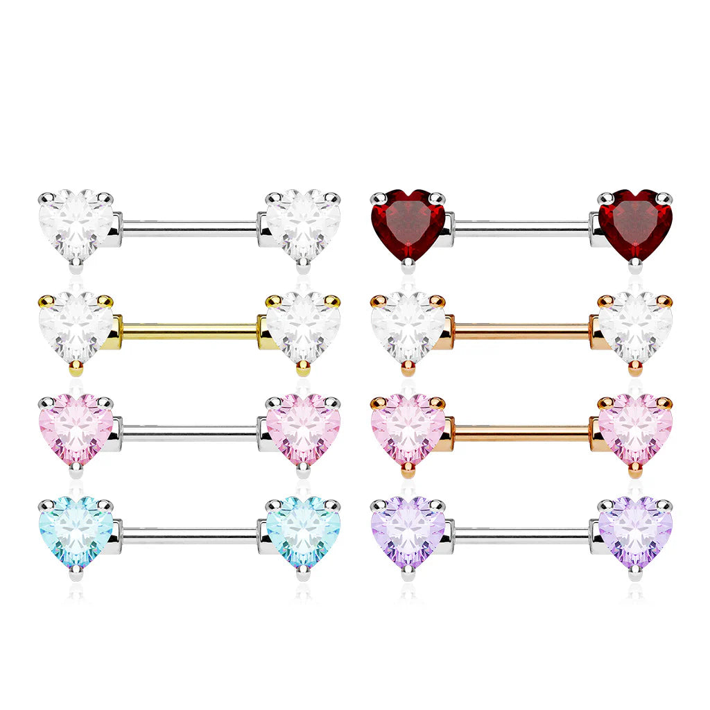 Double Front Facing Heart CZ Prong Set 316L Surgical Steel Nipple Bar Nipple Barbell Skin Metals