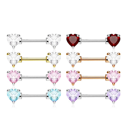 Double Front Facing Heart CZ Prong Set 316L Surgical Steel Nipple Bar Nipple Barbell Skin Metals
