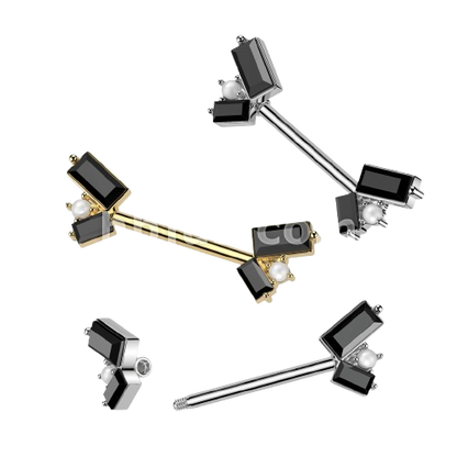 Surgical Steel Nipple Barbell With 2 Black Baguette CZ and Pearl Center Nipple Barbell Impulse Piercings