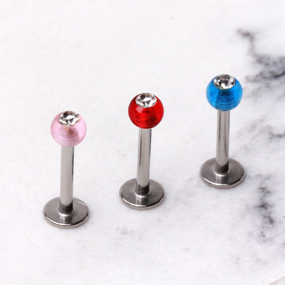 316L Stainless Steel Labret with UV Acrylic CZ Gemmed Ball - Skin Metals