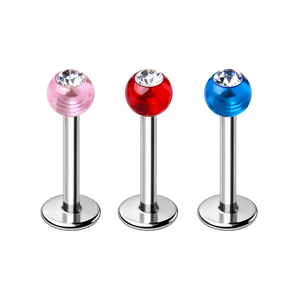 316L Stainless Steel Labret with UV Acrylic CZ Gemmed Ball - Skin Metals