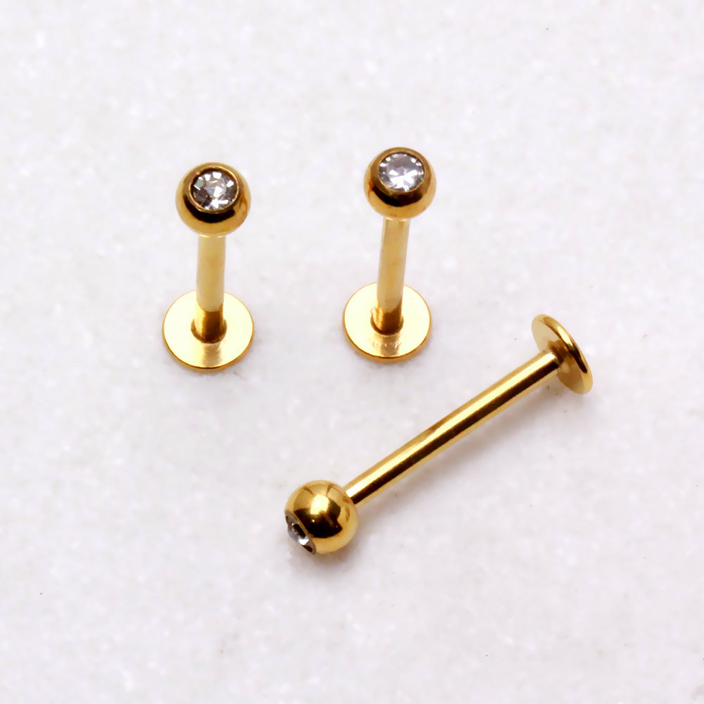 Gold Plated 316L Stainless Steel Labret with CZ Gemmed Ball - Skin Metals
