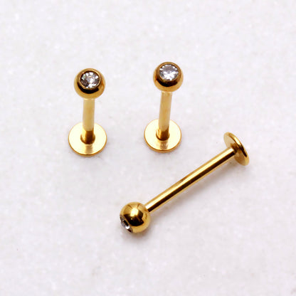 Gold Plated 316L Stainless Steel Labret with CZ Gemmed Ball - Skin Metals