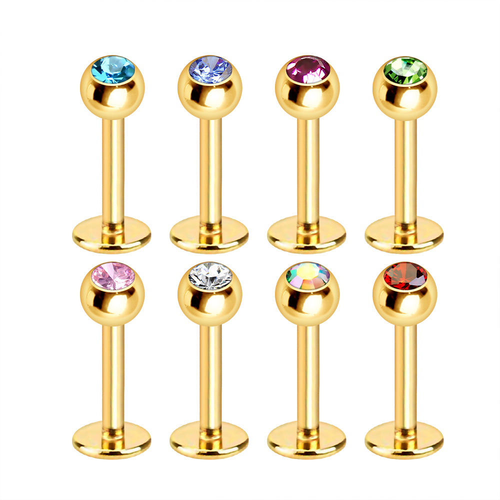 Gold Plated 316L Stainless Steel Labret with CZ Gemmed Ball - Skin Metals