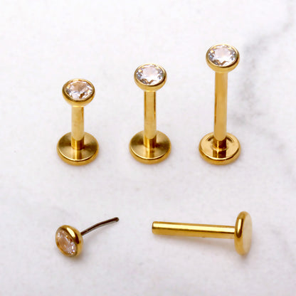 Gold Plated Titanium Threadless Labret with Clear CZ Ball - Skin Metals