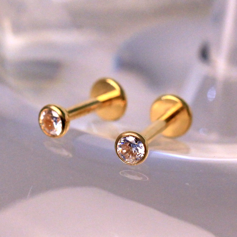 Gold Plated Titanium Threadless Labret with Clear CZ Ball - Skin Metals
