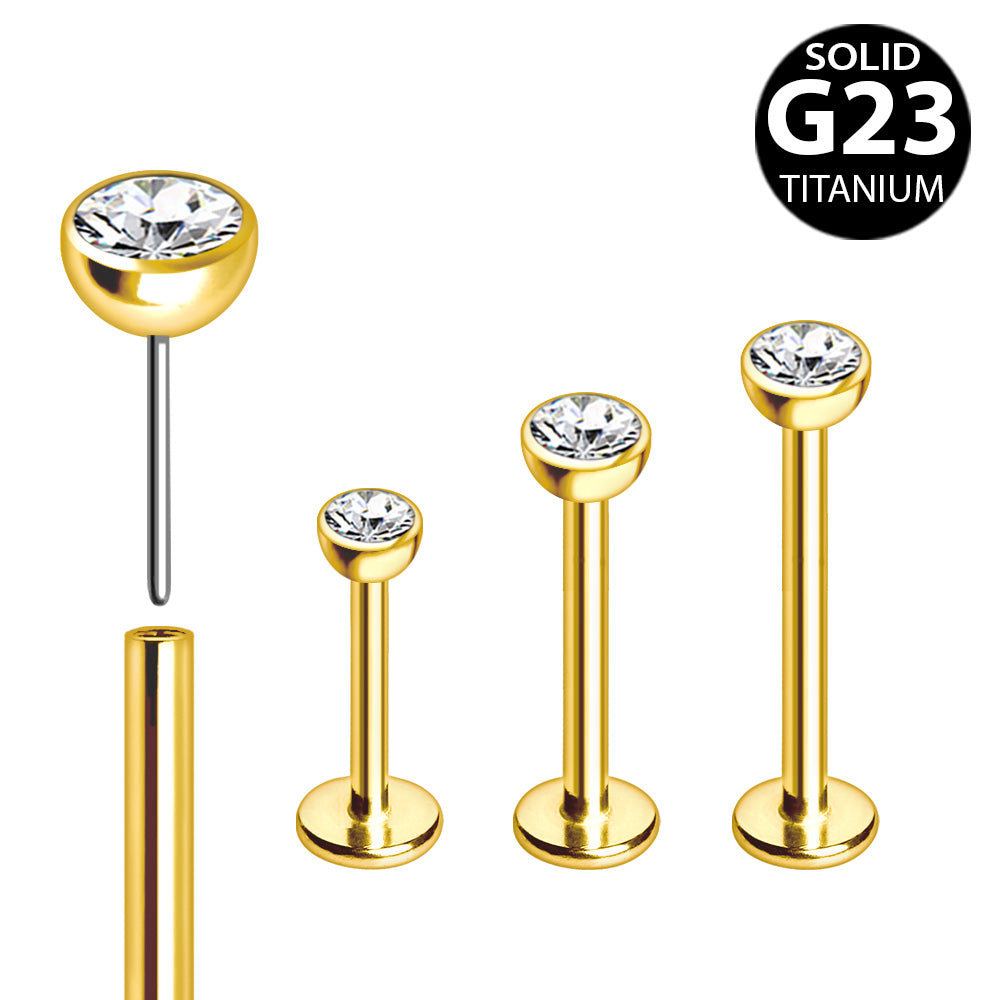 Gold Plated Titanium Threadless Labret with Clear CZ Ball - Skin Metals