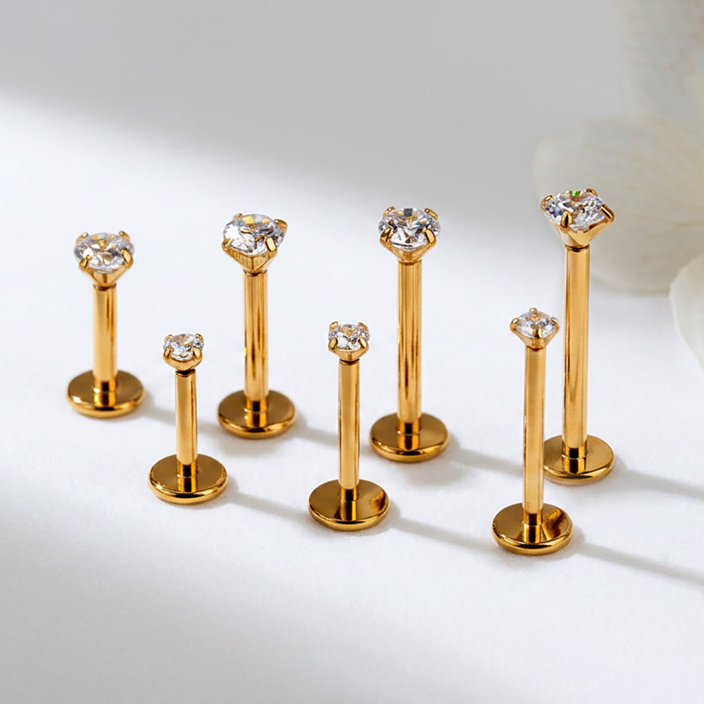 Gold Plated Titanium Threadless (push-in) Labret with Clear Prong Set CZ