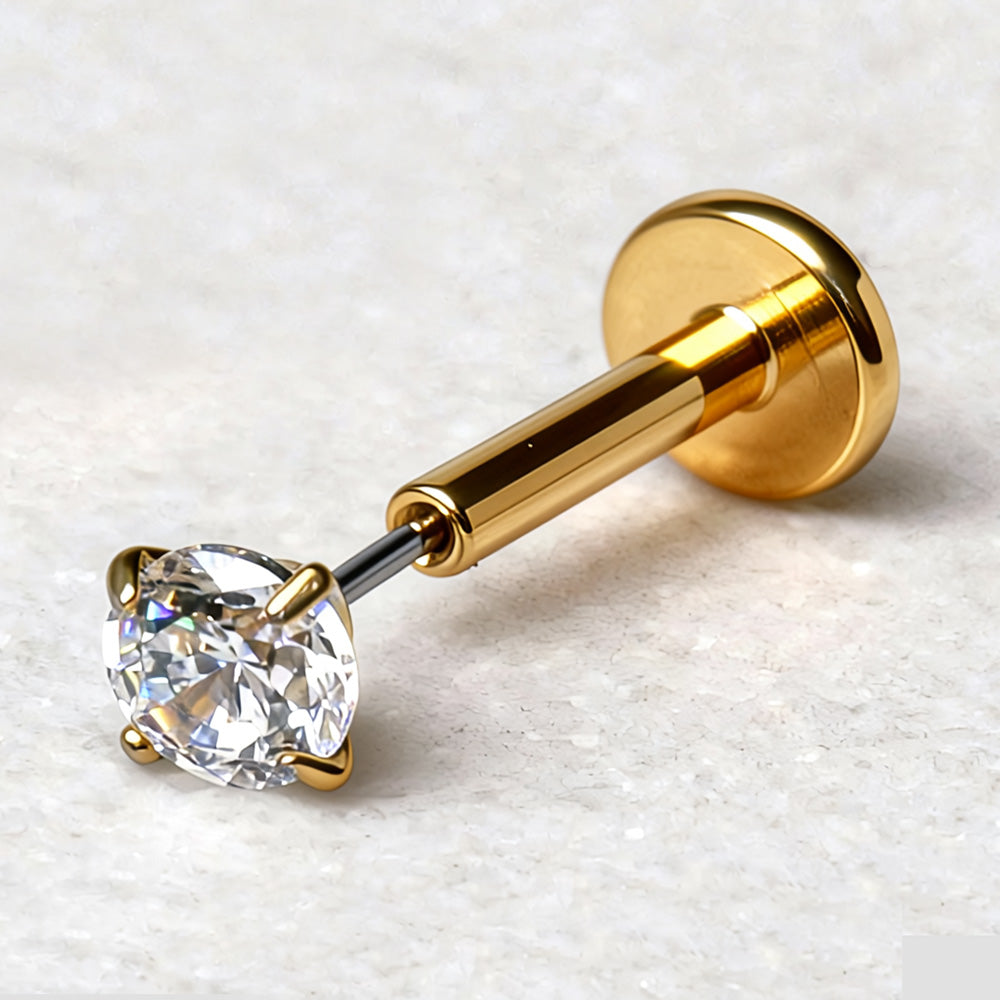 Gold Plated Titanium Threadless (push-in) Labret with Clear Prong Set CZ