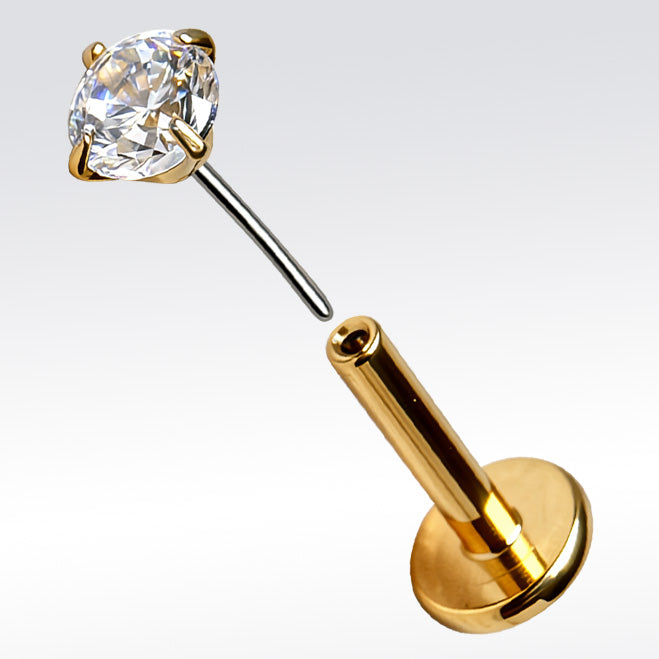 Gold Plated Titanium Threadless (push-in) Labret with Clear Prong Set CZ