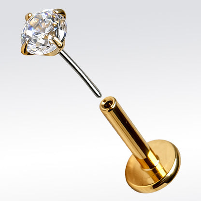 Gold Plated Titanium Threadless (push-in) Labret with Clear Prong Set CZ