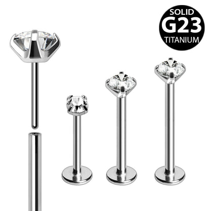 Titanium Push-In Labret with Clear Prong Set CZ Labret Skin Metals