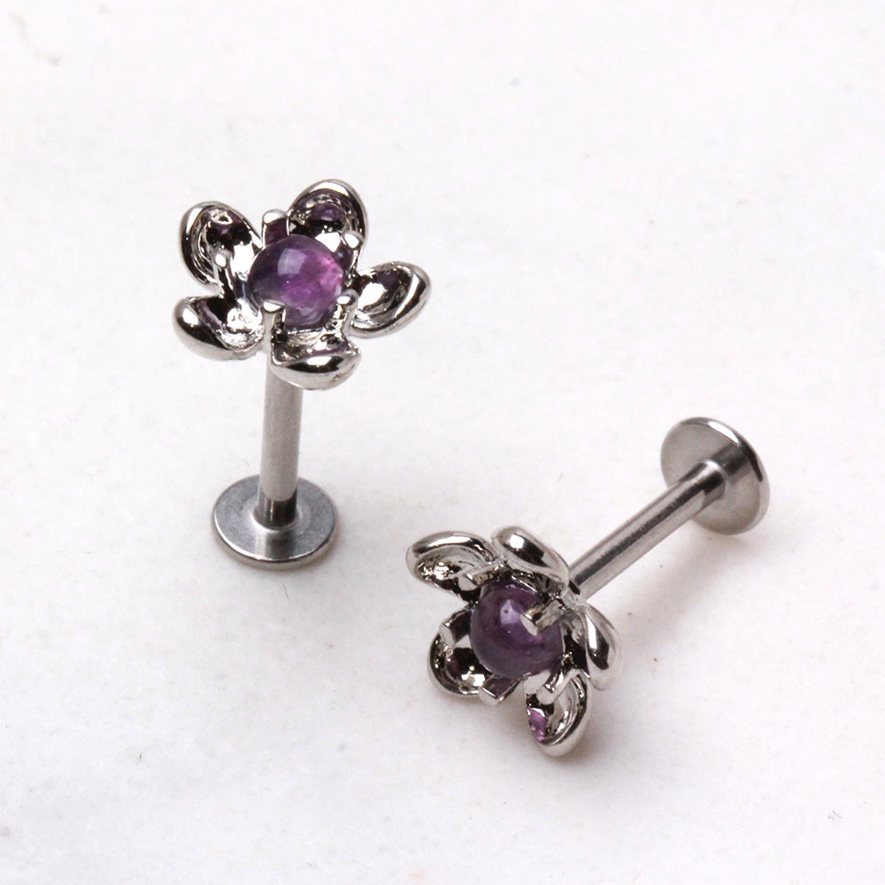316L Stainless Steel Fluorite Stone Flower Labret Labret Skin Metals
