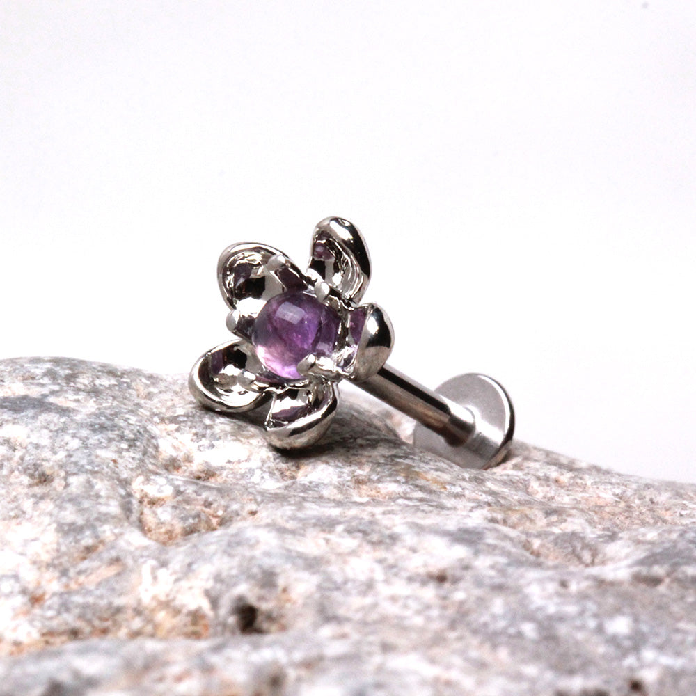 316L Stainless Steel Fluorite Stone Flower Labret Labret Skin Metals