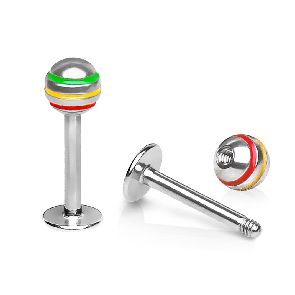 316L Stainless Steel Labret with 3-Striped Rasta Ball - Skin Metals