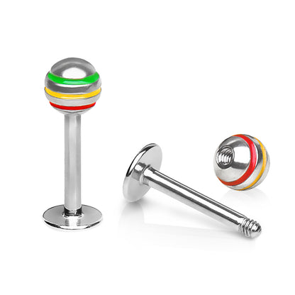 316L Stainless Steel Labret with 3-Striped Rasta Ball - Skin Metals