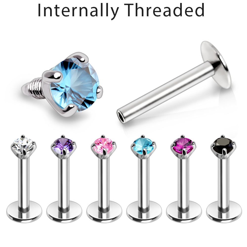 316L Stainless Steel Internally Threaded Prong Set Round CZ Labret - Skin Metals