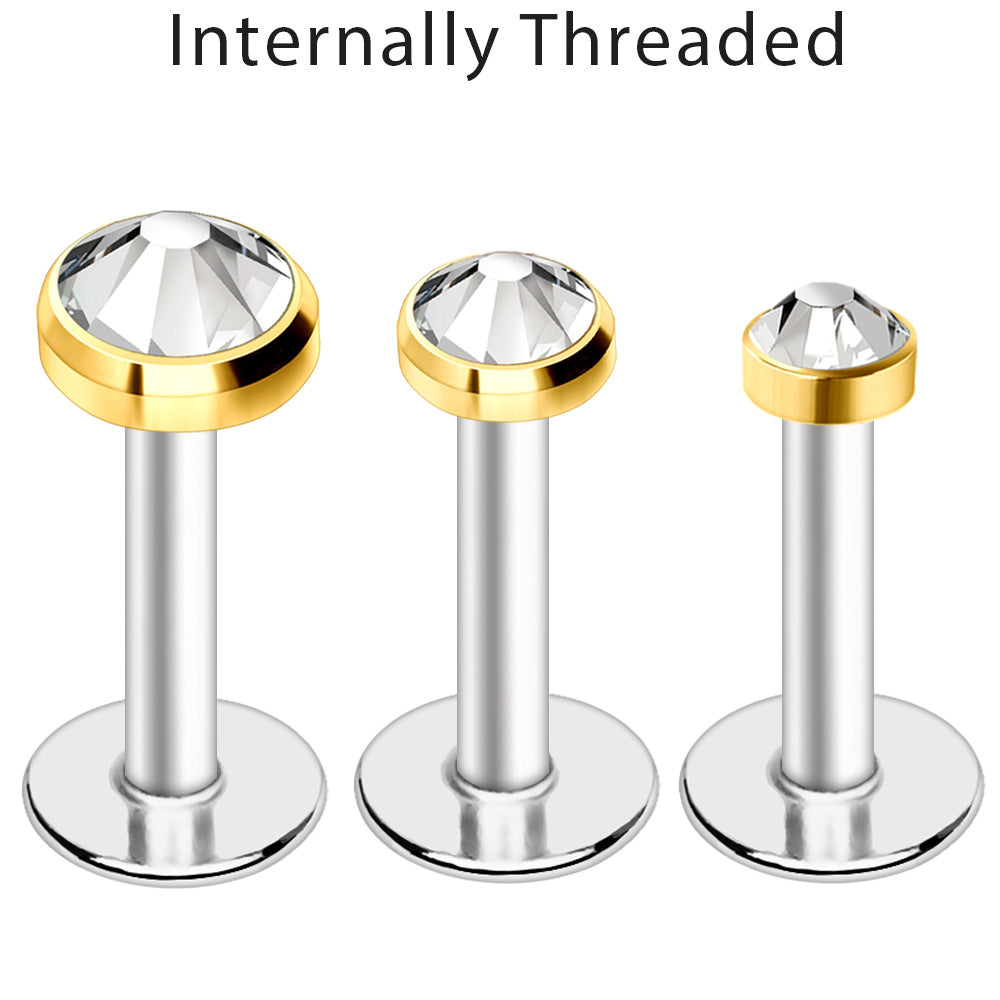 316L Stainless Steel Internally Threaded Gold Plated Flat CZ Top Labret - Skin Metals