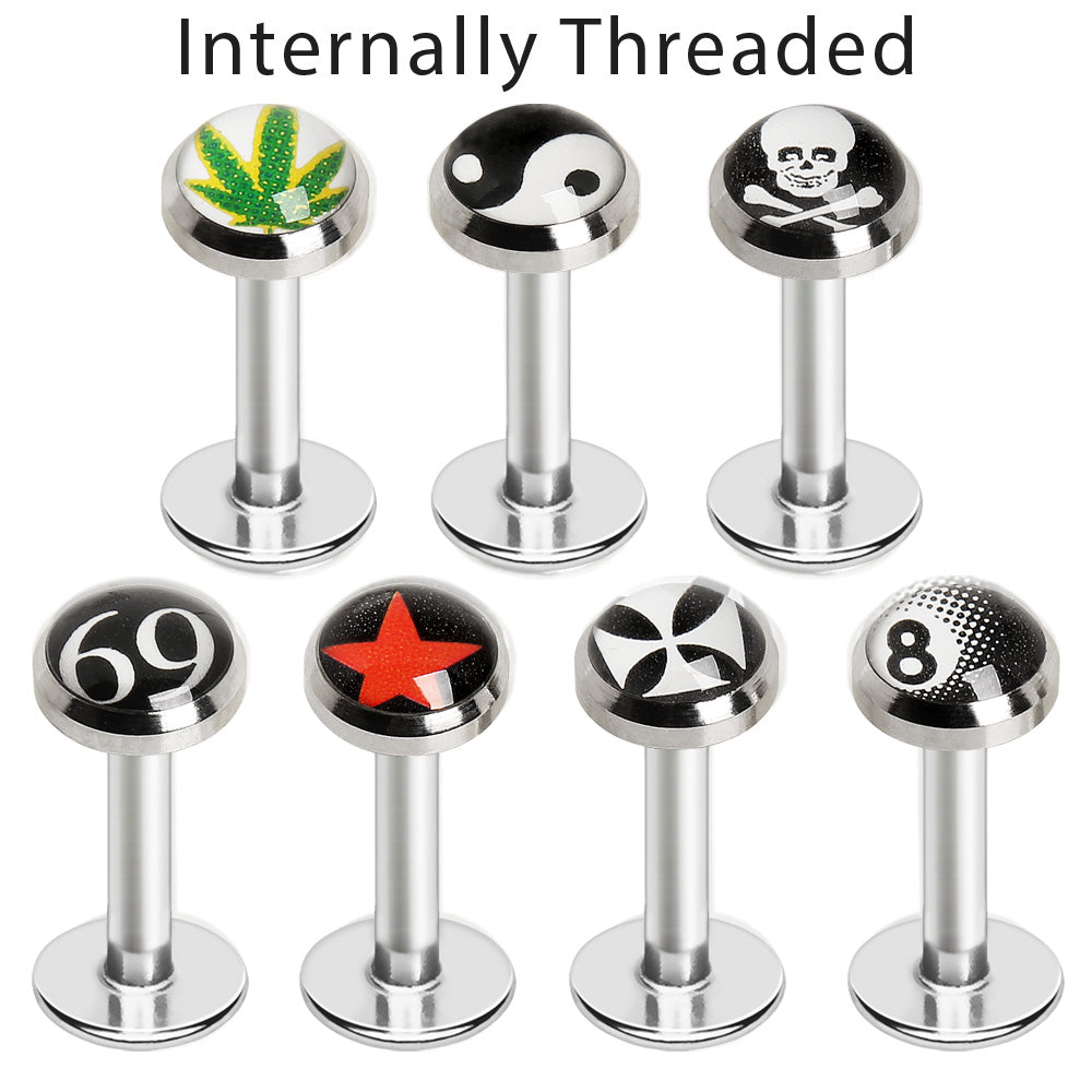 316L Stainless Steel Internally Threaded Flat Logo Top Labret - Skin Metals