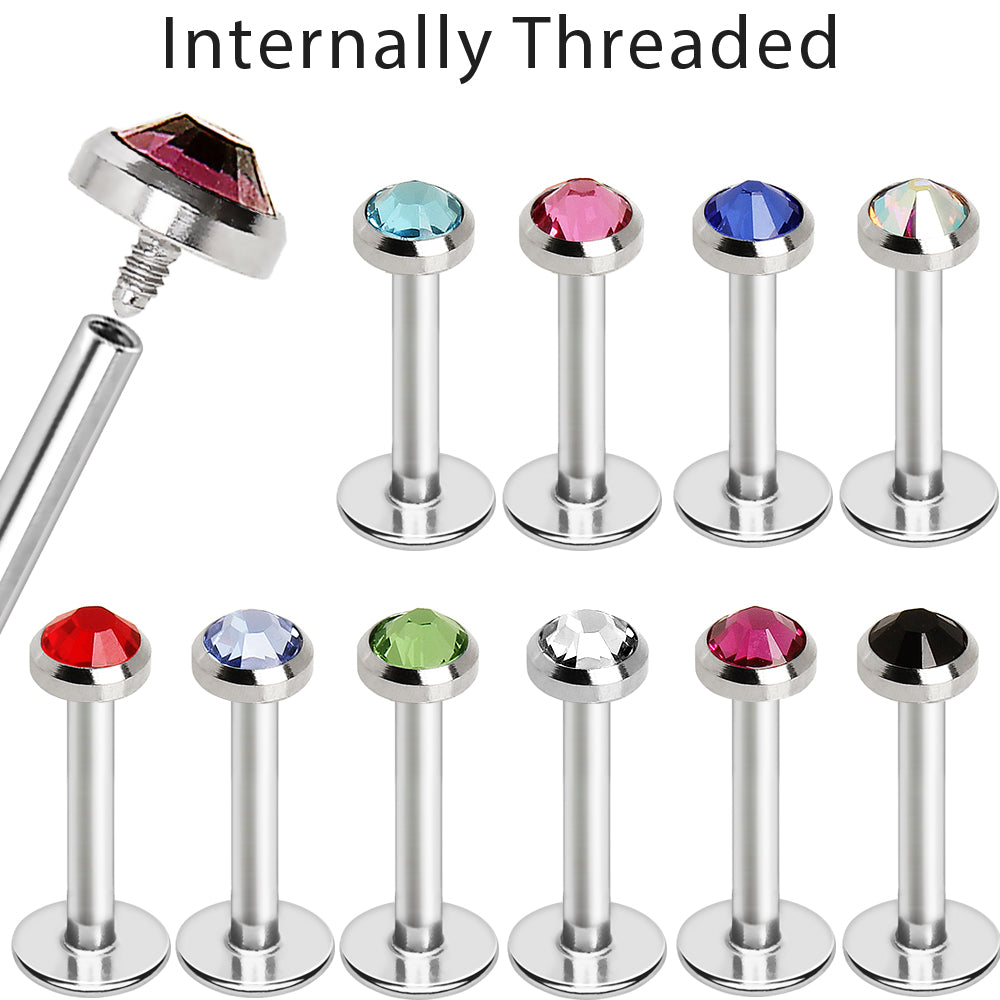 316L Stainless Steel Internally Threaded Flat CZ Top Labret - Skin Metals
