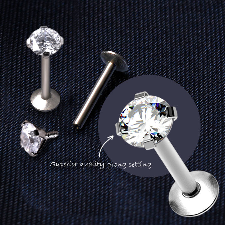 316L Stainless Steel Internally Threaded Prong Set CZ Labret - Skin Metals